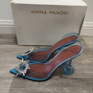 Light Blue Amina Muaddi 95mm Begum Glass Slingback Pumps size 40